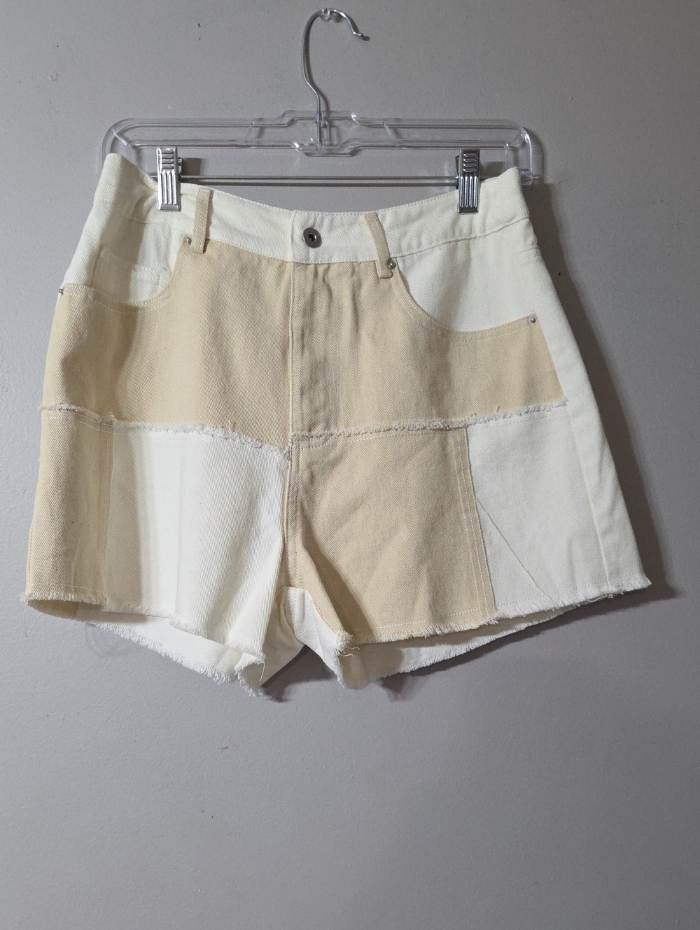 Very J Two-Tone Patchwork Cream & Beige Jean Shorts